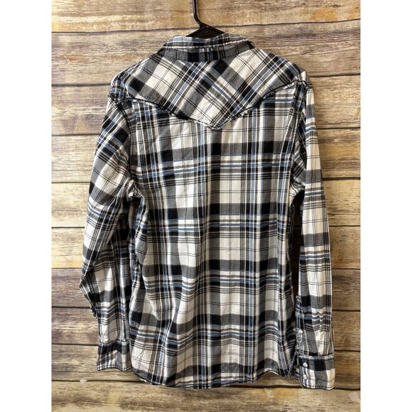 Men's BKE Denim Button Down Shirt L Large Plaid Blue Striped Pearl Snap Buttons - Picture 2 of 5